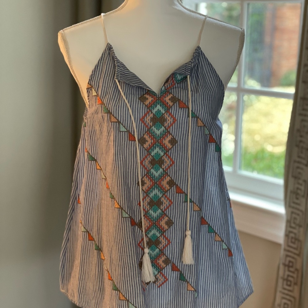 NWT THML Blue and White Striped Top, Size Small, with Colorful Embroidery